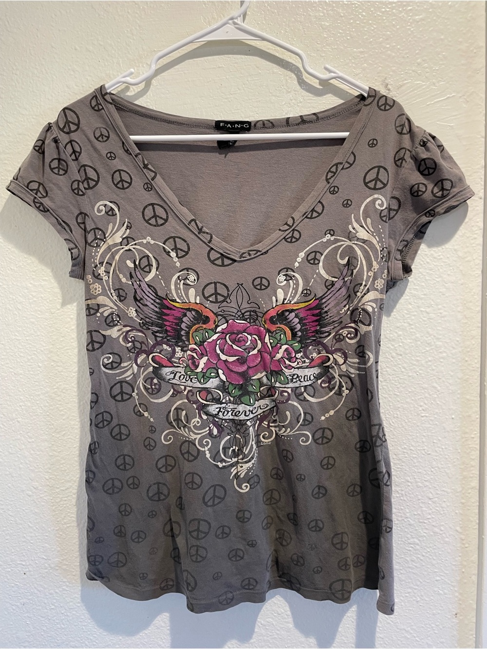 🥀 Vtg Y2K F.A.N.G Mall Goth Angel Wings Rose Graphic Tee L 🖤